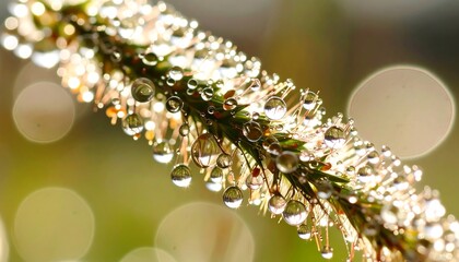 Dew-covered sprig, shimmering with morning sunlight against a blurred background