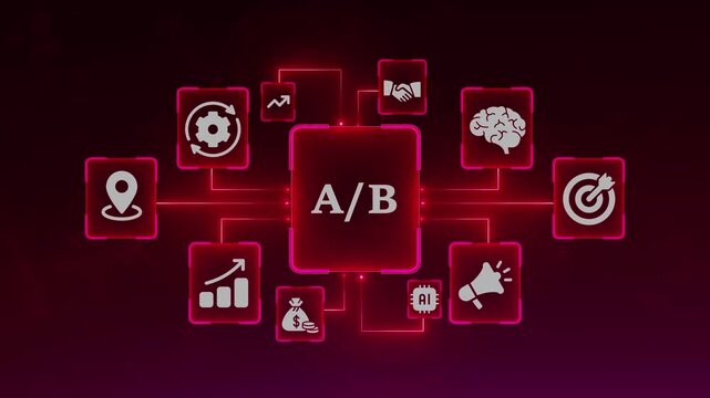A/ B testing concept diagram with icons for marketing and business growth on a dark background A/B testing