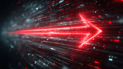 Naklejka premium Vibrant red arrow moves dynamically through stream of glowing particles, creating sense of speed and direction. background features dark, abstract design that enhances visual impact