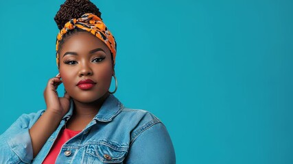 Beautiful African American Woman with Headwrap, Denim Jacket, and Red Lipstick Posing Against a Turquoise Background, Fashion Portrait