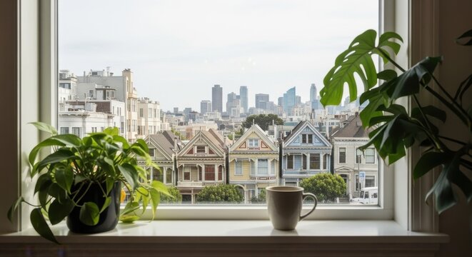 San Francisco cityscape viewed through window with plants and coffee mug