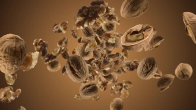 Raw walnuts chunks exploding and flying in super slow motion. Pieces of walnuts drops after explosion. High speed 1000fps vertical video