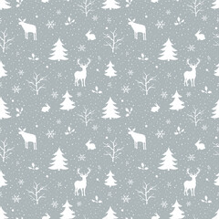 Winter Seamless Pattern. Christmas Print. Winter Forest with Wild Animals, Trees, Snowflakes, Leaves, Berries. White Silhouettes. Template. Vector Illustration on Gray Background