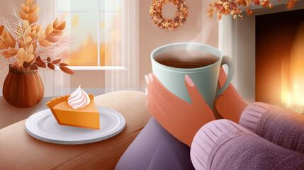 Cozy living room scene with a person holding a warm mug by the fireplace, autumn wreath, pumpkin pie slice on a plate, golden light, atmosphere of gratitude and peace.