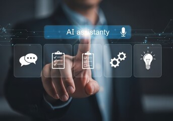 Ai assistant and task management concept, a hand selecting an ai assistant icon on a digital screen with various functional icons displayed