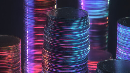 Shiny coins stacked in visually striking arrangement, illuminated by vibrant neon lights, creating captivating and modern atmosphere. colorful reflections enhance depth and texture of coins