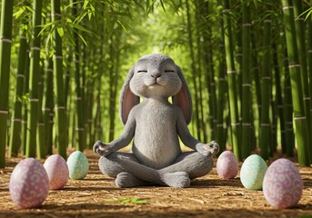 Zen Rabbit and Easter Eggs: A serene, cartoon-style bunny in a meditative pose, surrounded by colorful Easter eggs and a lush bamboo forest. A blend of nature, tranquility.