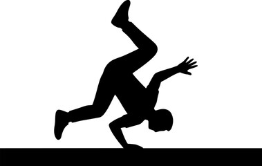 Minimal black and white vector silhouette of a parkour athlete rolling on the ground after a drop — sleek and dynamic urban sports design.