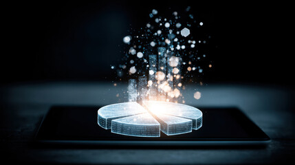 Digital pie chart visualization with glowing elements and data representation on tablet screen, symbolizing analytics and technology. image conveys sense of innovation and data driven insights