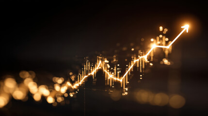 Glowing financial graph illustrates positive trend, showcasing upward movement in data analysis. golden lines and points symbolize growth and success in business metrics