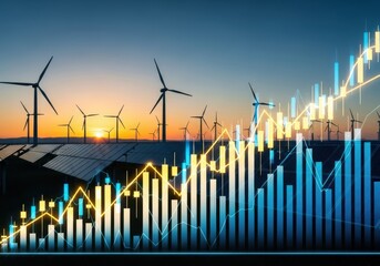 Renewable energy landscape with a superimposed financial stock market graph, indicating investment growth