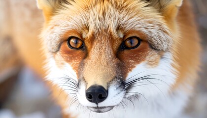 Fototapeta premium Close-up of a fox's face, showing amber eyes, orange fur, and white muzzle in natural light