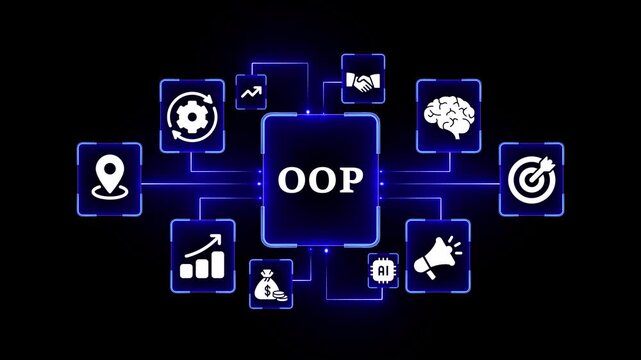 Object Oriented Programming Concept Infographic with Icons and Blue Glowing Lines on Black Background