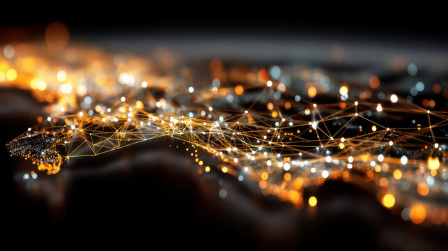 Digital network connections illuminate map, showcasing vibrant orange and white lights representing data flow and connectivity. This abstract representation highlights technology and innovation