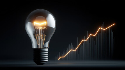Glowing light bulb symbolizes innovation and creativity, alongside rising graph representing growth and progress. This captures essence of ideas leading to success