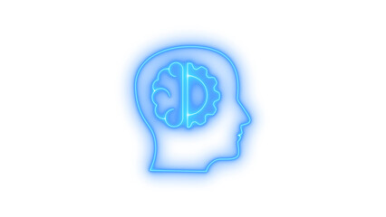 Abstract blue neon glowing profile silhouette of a human head with a brain and gear mechanism inside, symbolizing intelligence, thinking, and innovation, concept art