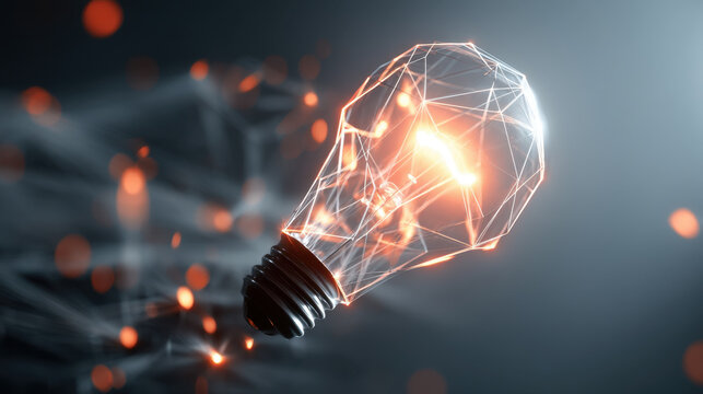 Glowing light bulb with geometric design, symbolizing innovation and creativity, stands out against dark background filled with abstract lines and glowing particles. image evokes sense - Powered by Adobe