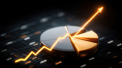 Pie chart with segments in black and gold is depicted, alongside glowing orange upward trend line, symbolizing growth and success in financial data analysis