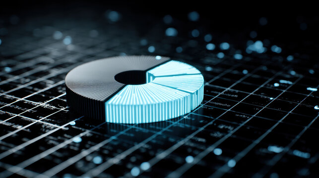 3D pie chart with blue segments on digital grid background, representing data visualization and analytics. glowing effect adds modern touch, enhancing visual appeal of statistical information - Powered by Adobe