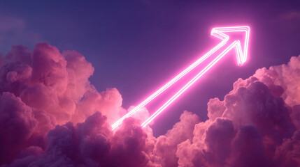 Vibrant pink arrow emerges from fluffy clouds, symbolizing upward movement and positivity. ethereal atmosphere creates dreamlike quality, inspiring feelings of hope and aspiration
