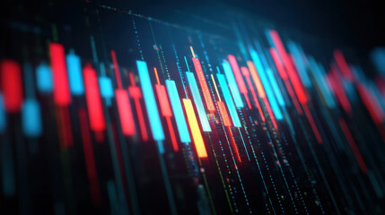 Digital financial data visualization with colorful candlestick charts representing market trends and fluctuations. vibrant colors convey dynamic movements in stock prices and trading activity
