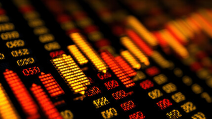 Vibrant stock market chart displaying fluctuating prices with red and yellow bars, symbolizing market trends and financial data analysis. dynamic visuals evoke sense of urgency and excitement