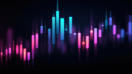 Digital financial chart with vibrant colors representing market trends and fluctuations. abstract design features candlestick patterns shades of blue, pink, and purple, creating modern aesthetic
