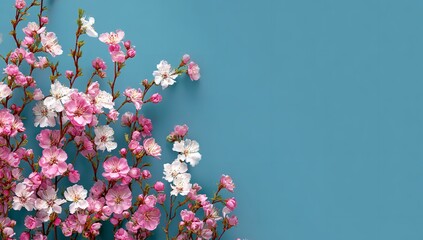 Pink and White Floral Border on Blue Background – Spring Web Banner with Copy Space on Right Side