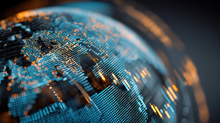 Digital globe with illuminated continents and data points, showcasing futuristic representation of world. vibrant blue and orange colors create striking visual effect