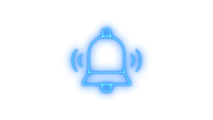 Blue neon ringing bell icon with sound waves on transparent background, a modern abstract design for alerts and notifications, perfect for technology and communication concepts.