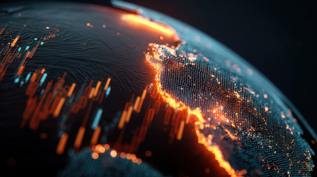 Stunning digital representation of Earth showcasing vibrant orange and blue lights along coastlines, symbolizing data flow and connectivity. This evokes sense of technological advancement - Powered by Adobe