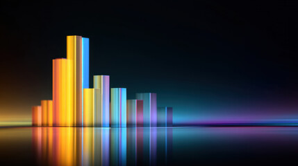 Fototapeta premium Vibrant abstract bars rise from reflective surface, showcasing spectrum of colors including yellow, blue, and purple against dark background. composition evokes sense of energy and movement
