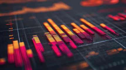 Vibrant digital representation of data visualization, showcasing colorful bar graphs and charts shades of red, orange, and yellow against dark background, conveying sense of analysis