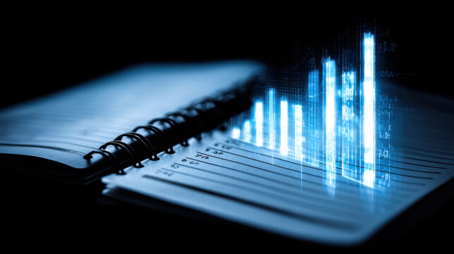 Notebook with spiral binding is open, displaying blank pages. Overlaying notebook is digital representation of bar graph, symbolizing data analysis and financial growth. contrast between dark