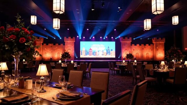 Dynamic corporate event space setup with stage, lighting, table settings, and castle decorations