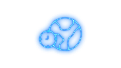 A neon blue outlined clock face with the planet earth is depicted on a dynamic, glowing blue background, representing global time and communication concepts.
