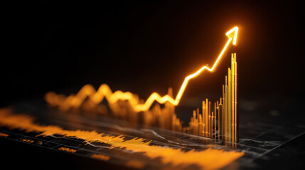 Dynamic financial graph displays upward trend with vibrant orange lines and bars, symbolizing growth and success in investments. dark background enhances visual impact of data representation