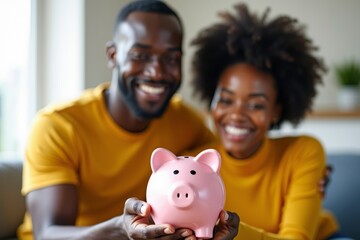African American couple building their retirement nest egg with a piggy bank.