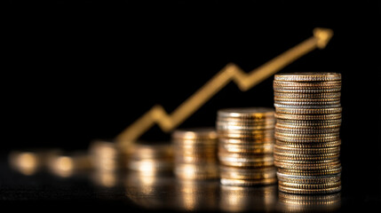Stacked coins represent financial growth, with rising graph in background symbolizing increasing profits and investments. This conveys sense of prosperity and economic success