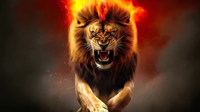 Fierce lion engulfed in flames, a symbol of raw power, untamed aggression, and the destructive force of nature, a captivating display of primal energy