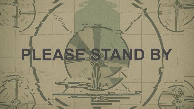 Please stand by text Vintage TV test screen with text "PLEASE STAND BY," featuring faded green tones, calibration patterns, and distressed glitch effects for a nostalgic broadcast look.