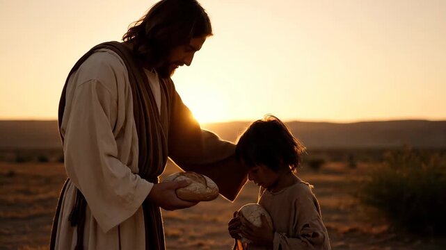 Jesus Sharing Bread with Child at Sunset - Jesus, depicted in a long robe, offers bread to a young child during a golden sunset in a desert landscape.