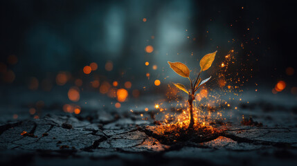 Small plant emerges from cracked soil, surrounded by glowing sparks and mystical atmosphere, symbolizing hope and renewal in dark environment