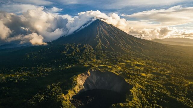 Aerial View of Mount Merapi Volcano, Indonesia, with Lush Green Vegetation and Dramatic Cloudscape at Sunrise