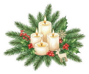 Festive Christmas arrangement with four lit candles vector illustration.