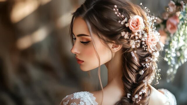 Elegant Bride with Braided Hairstyle Adorned with Delicate Pink Roses and Baby's Breath for Wedding Beauty