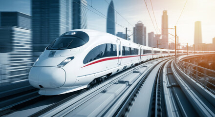Fototapeta premium Modern high speed train speeds through city skyline, representing efficient transport and urban connectivity