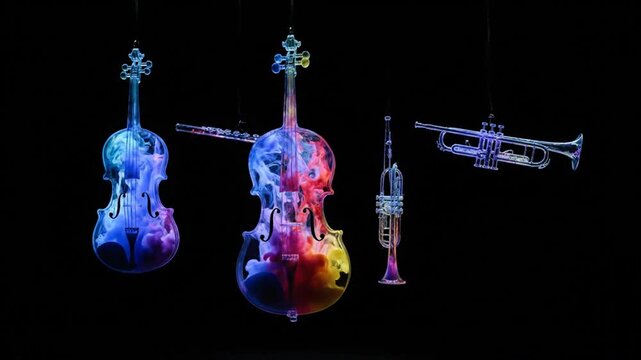 Multiple instruments glowing with colorful ink swirls representing performance and culture