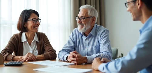 Elderly Asian couple discusses financial contract with agent. Reviewing living, health insurance, or investment documents. Planning for retirement security, seeking financial advice for future.