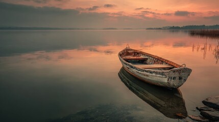 Tranquil lake sunrise with a weathered boat